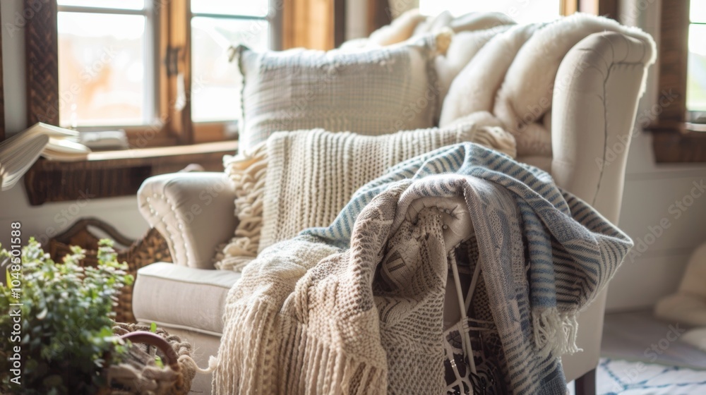 A cozy reading nook complete with a plush armchair and a basket overflowing with soft throw blankets in various patterns and textures. A cozy reading nook complete with a plush armchair and a basket overflowing with soft throw blankets in various patterns and textures.
