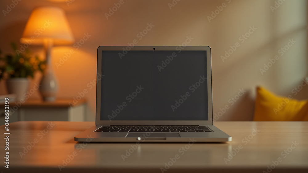 Fototapeta premium An Elegant Laptop on a Contemporary Table Surrounded by Minimalistic Decor and Warm Lighting