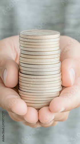A person holding a stack of coins, symbolizing savings and investment, with a soft focus background.