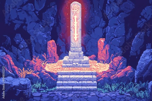 Pixelated ancient runic altars, intricately designed, bestowing temporary enhancements to characters, surrounded by a mystical forest, glowing softly in the twilight. photo