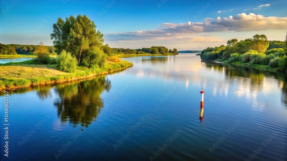 Tranquil riverscape with river bend, coastline, shore, navigation mark, medium shot Tranquil riverscape with river bend, coastline, shore, navigation mark, medium shot