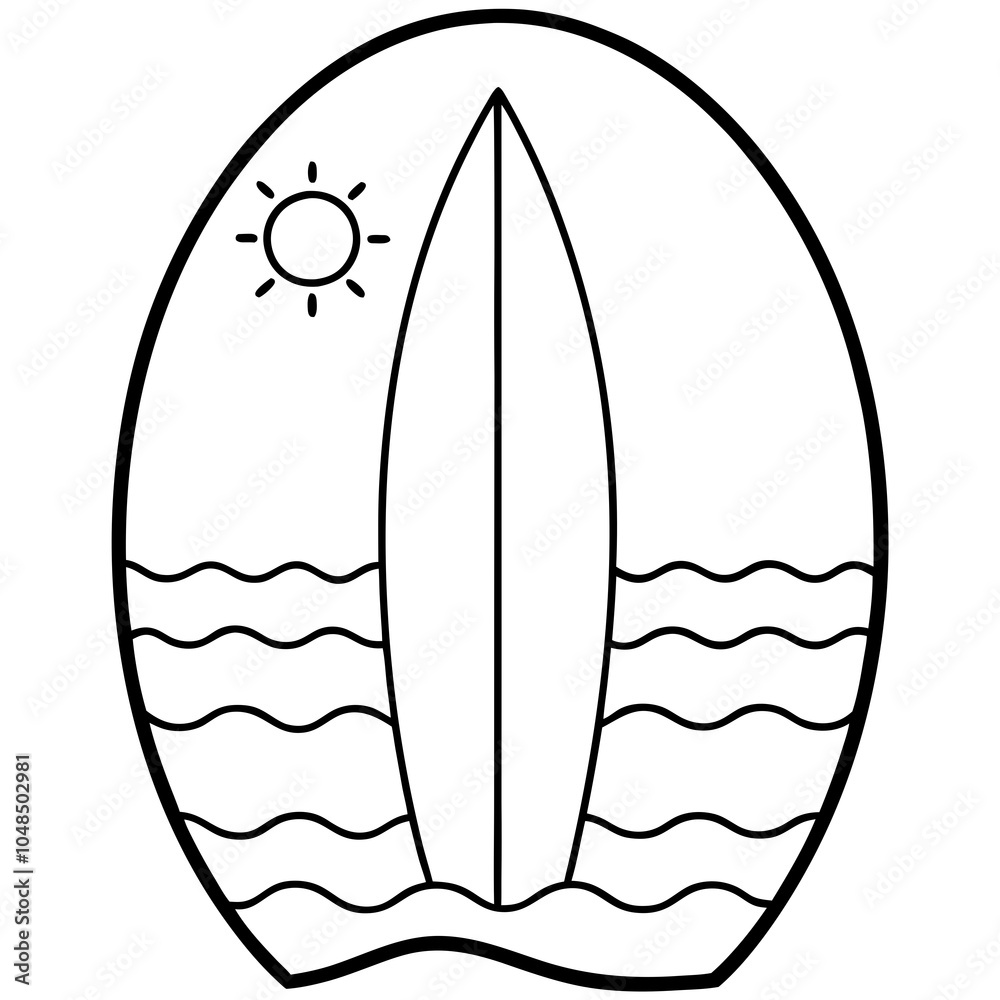 Surfboard on Beach with Ocean Waves – Vector Art Surfboard on Beach with Ocean Waves – Vector Art