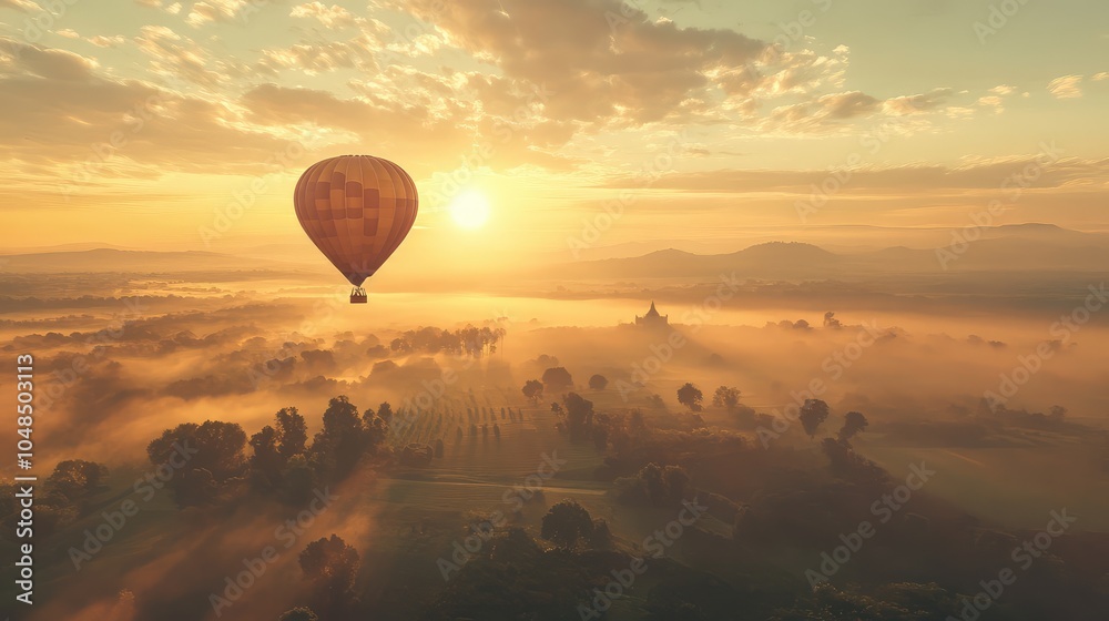 A peaceful morning sky with a lone hot air balloon drifting above the misty landscape, with soft sunlight breaking through the clouds A peaceful morning sky with a lone hot air balloon drifting above the misty landscape, with soft sunlight breaking through the clouds