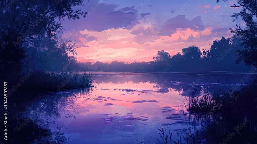 A pastel sky at twilight over a still pond, with soft hues of lavender and pink reflected perfectly on the water below A pastel sky at twilight over a still pond, with soft hues of lavender and pink reflected perfectly on the water below