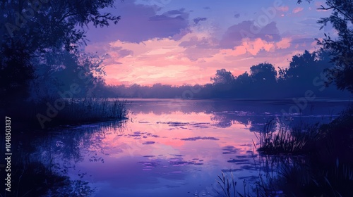 A pastel sky at twilight over a still pond, with soft hues of lavender and pink reflected perfectly on the water below