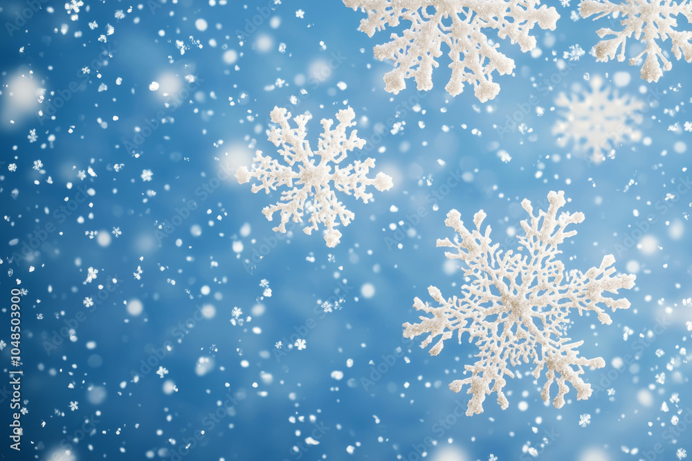 A serene winter scene featuring large, intricate snowflakes gently falling against a soft blue background. A serene winter scene featuring large, intricate snowflakes gently falling against a soft blue background.