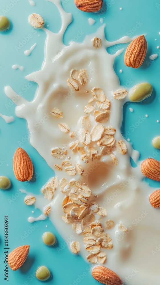 Obraz premium Fresh milk or yogurt splash swirl with oats, almonds,cereals, hazelnuts,cornflakes,Healthy breakfast meal,milkshake,yogurt spiral,diet drink,Organic vegan liquid,copy space.