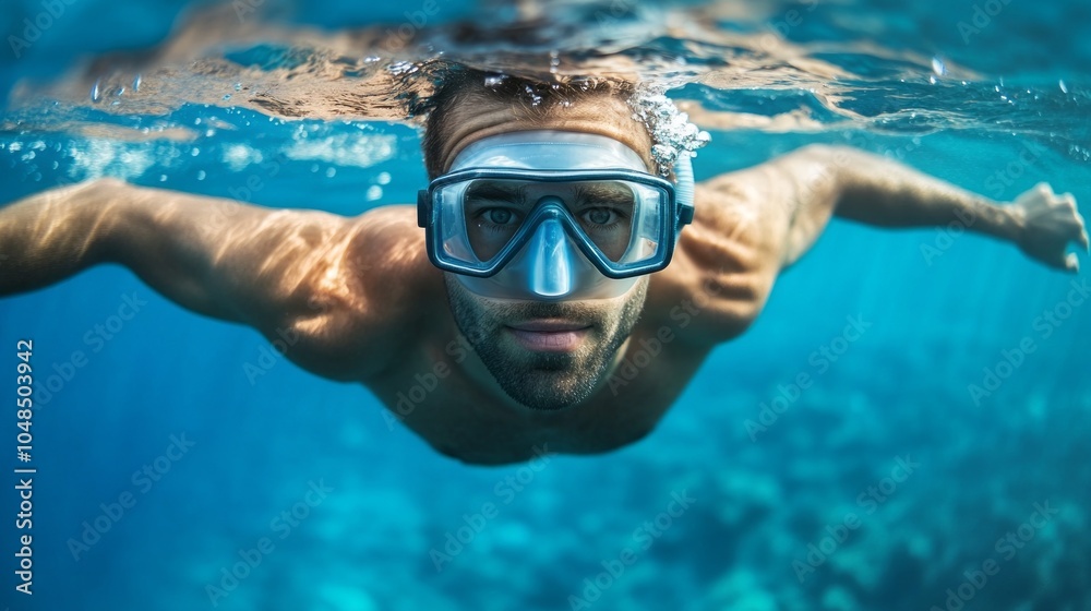 Fototapeta premium A man in a wet suit is swimming underwater with his face covered by a mask