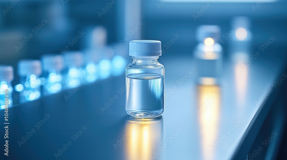 Medical vial with clear liquid in a laboratory setting, soft blue background, showcasing pharmaceutical research. Medical vial with clear liquid in a laboratory setting, soft blue background, showcasing pharmaceutical research.