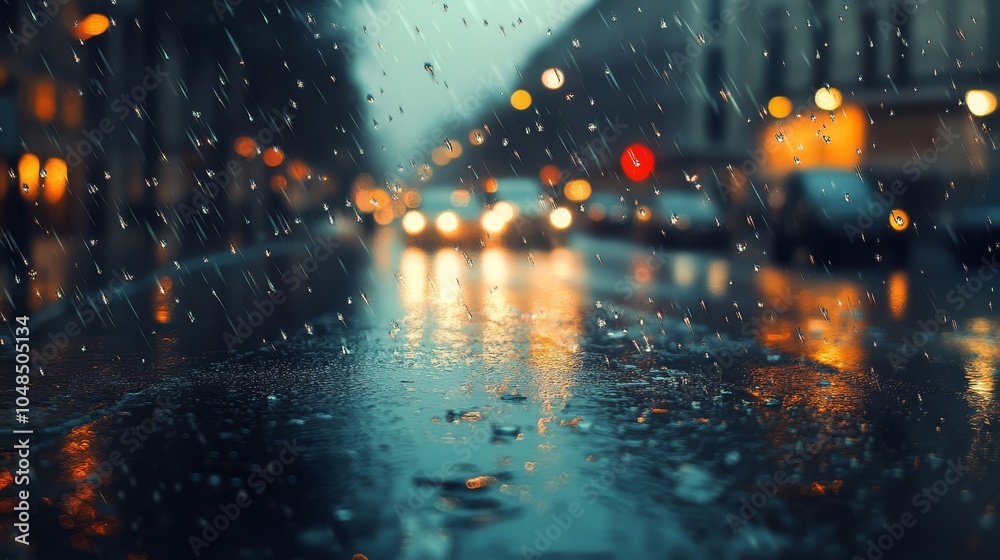 Fototapeta premium Rainy Cityscape with Blurred Traffic Lights