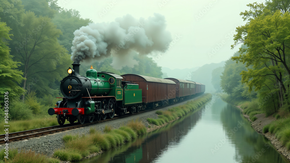 Obraz premium A Vintage Green Locomotive Gracefully Traveling Along a Beautiful River with Trucks on a Parallel Rail, Showcasing Nature and Industry