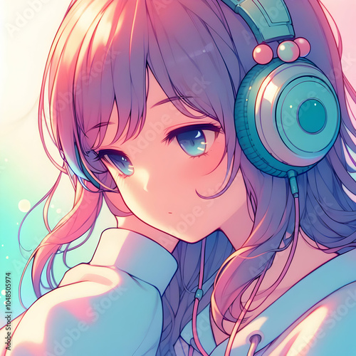 Dreamy Girl with Headphones in Anime Style photo