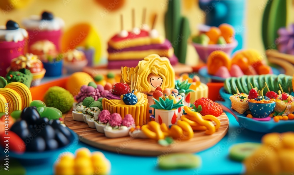 Playful food arranged on colorful plates. Playful food arranged on colorful plates.