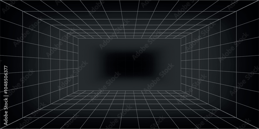 Futuristic perspective grid box. Abstract wireframe with white grid line on black background. Virtual reality landscape in 80s 90s digital style.eps10 Futuristic perspective grid box. Abstract wireframe with white grid line on black background. Virtual reality landscape in 80s 90s digital style.eps10