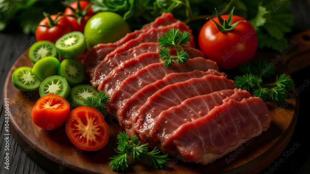 Culinary Art from Above: Aerial View of Fresh Vegetables and Meat with Tomatoes and Onions Culinary Art from Above: Aerial View of Fresh Vegetables and Meat with Tomatoes and Onions
