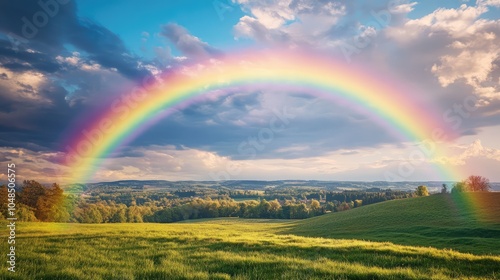 A rainbow appearing over a rural landscape, with rolling hills and scattered clouds in the background under a brightening sky