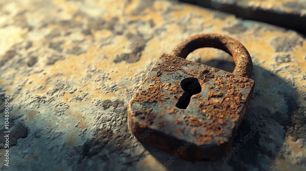 Rusty padlock lying on a weathered stone surface, symbolizing security and abandonment. Rusty padlock lying on a weathered stone surface, symbolizing security and abandonment.