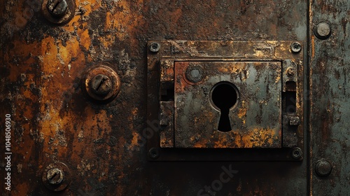 Rusty antique lock on a weathered metallic door, showcasing aged details and textures.