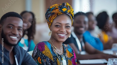 A group of young African people sitting in a classroom setting, smiling and looking at the camera.