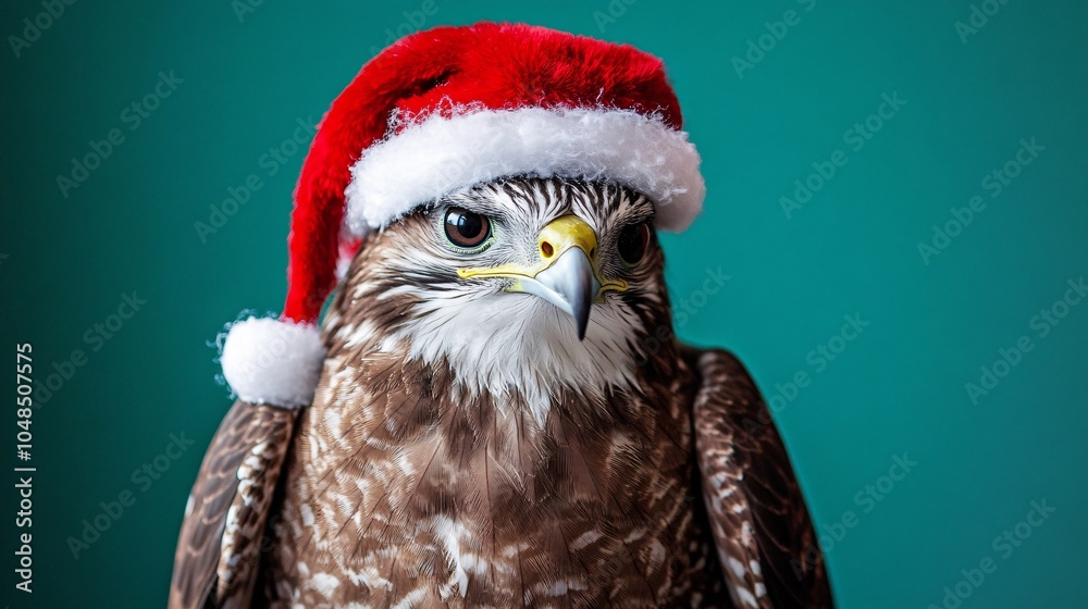 Falcon in Santa Hat on Green Background Falcon in Santa Hat on Green Background