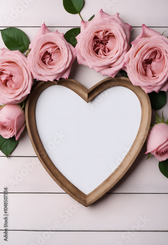Pink rose flowers and heart with space for text