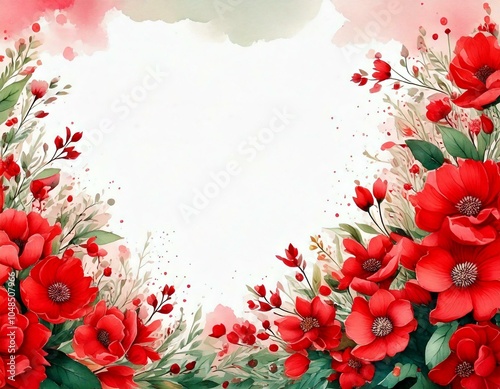 watercolor background with red flowers with empty copy space in the middle photo