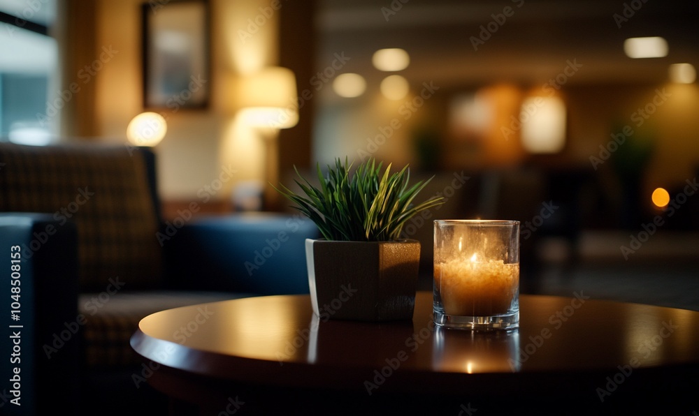 A lit candle and a potted plant on a table in a hotel lobby. A lit candle and a potted plant on a table in a hotel lobby.