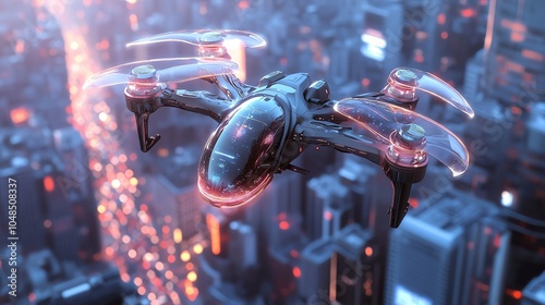 Futuristic drone flying over a vibrant cityscape with neon lights and advanced architecture. photo