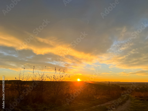 Sunset over fields and trees in a green hilly landscape under a colorful sky photo