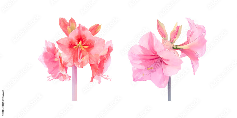 Obraz premium Pair of Pink Amaryllis Flower Clusters in Different Shades Isolated on a Transparent Background
