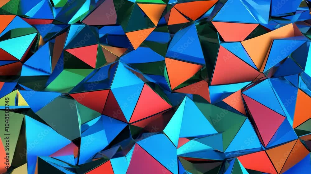 A colorful abstract pattern of triangles and squares. The colors are bright and bold, creating a sense of energy and movement. The pattern is made up of various shapes and sizes