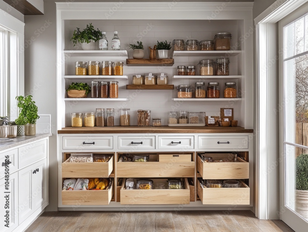 Fototapeta premium Functional pantry featuring smart storage solutions, such as pull-out shelves and drawer organizers