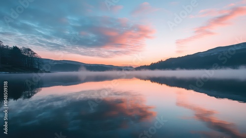 A serene sky over calm water at dawn, with soft pink and blue hues reflecting on the glass-like surface of the lake