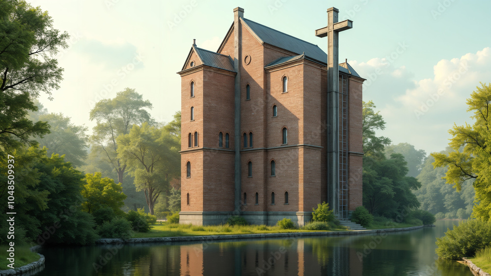 Naklejka premium Creative Architectural Design Showcasing a Tall Brick Building with Unique Features by a Serene River