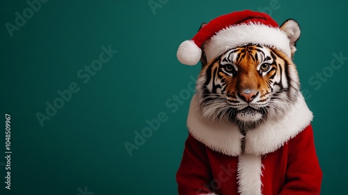 Tiger in Santa Suit on Green Background photo