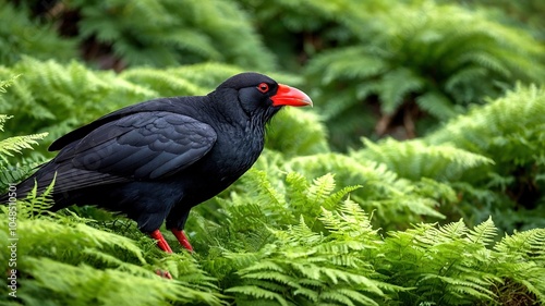 A drone's lens captures the elegance of red-billed choughs against Skomer Island's lush backdrop. photo