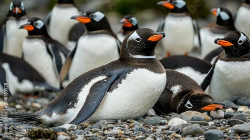 A group of gentoo penguins huddle together on a rocky beach in Antarctica