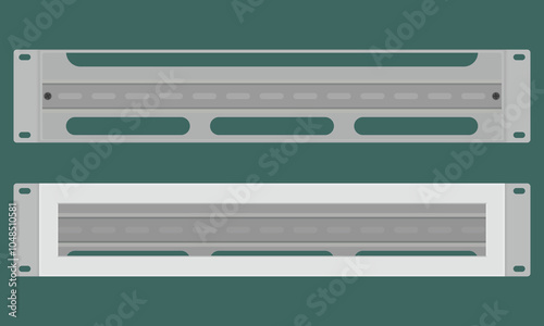 Rack mount DIN rail panel bracket. 2U panel for 19 inch server rack. Vector illustration in flat style