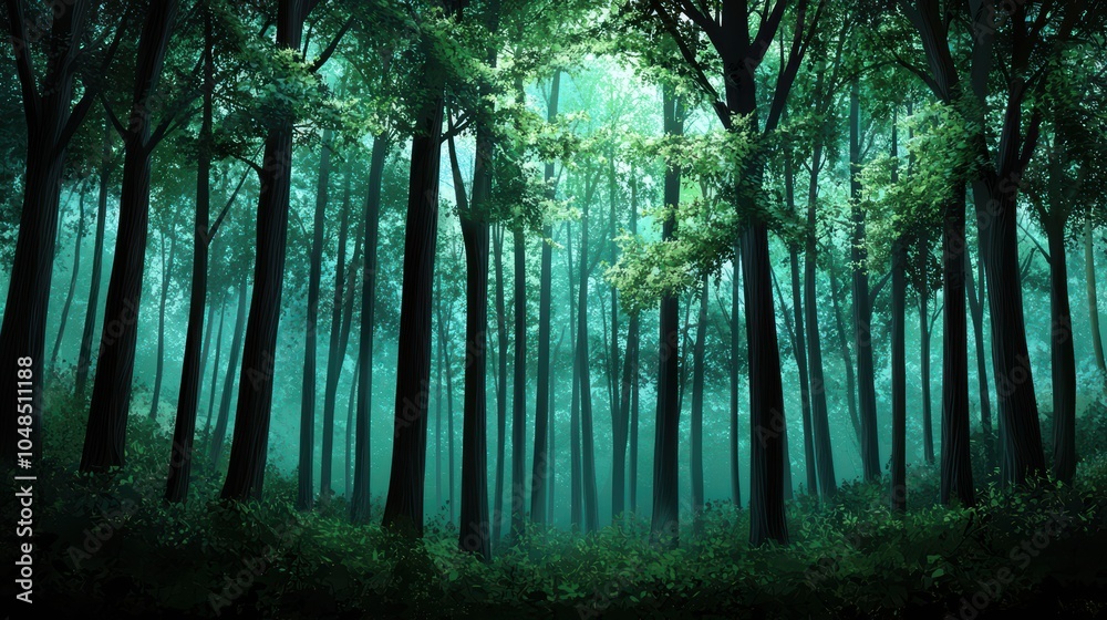 Naklejka premium Tranquil Forest Scene with Tall Trees and Soft Light