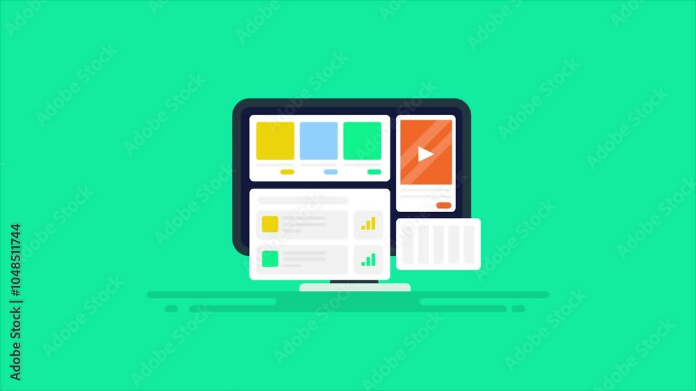 Search engine marketing, multiple digital advertising format on screen, Pay per click and display ad content, web traffic and financial analytics, e-business video animation.
