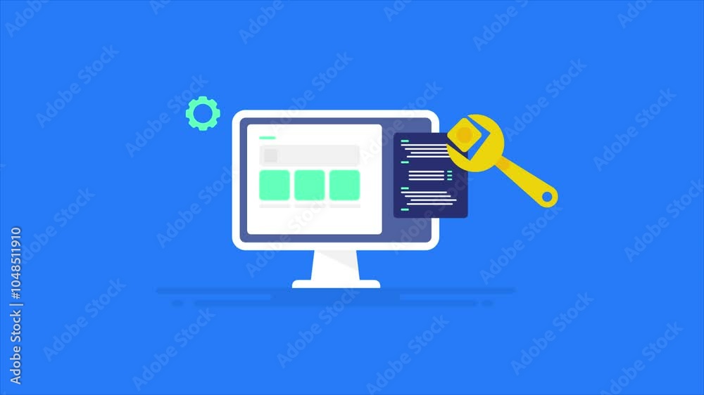 Website maintenance, mobile application update and new software version installation, coding and programming web development concept, video animation.