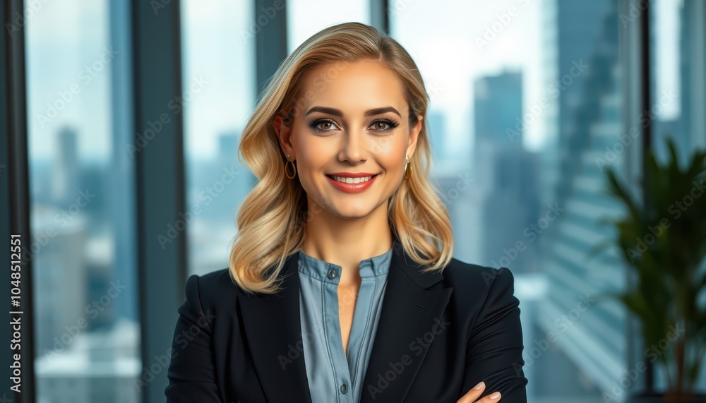 Confident Businesswoman in Modern Office Setting with City View Confident Businesswoman in Modern Office Setting with City View