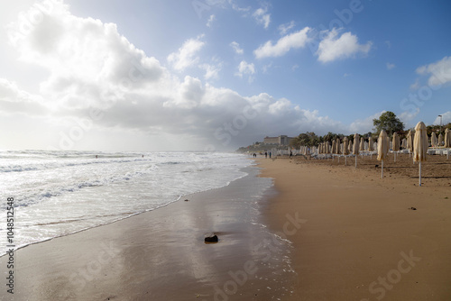 Fototapeta Naklejka Na Ścianę i Meble -  Mediterranean resort beaches in the off-season. Side, Manavgat, Antalya, Turkey