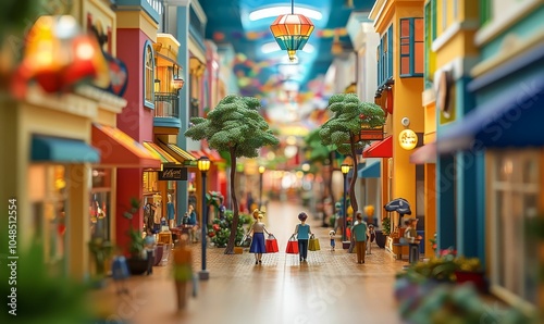 A miniature town with shoppers and a hot air balloon.