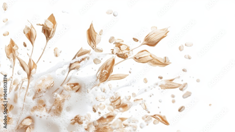 Fototapeta premium Falling oat flakes with milk splash on white background,Rolled oats falling into splashing milk,Dried oat plant Organic vegan liquid,Healthy breakfast meal,milkshake,yogurt spiral,diet drink.