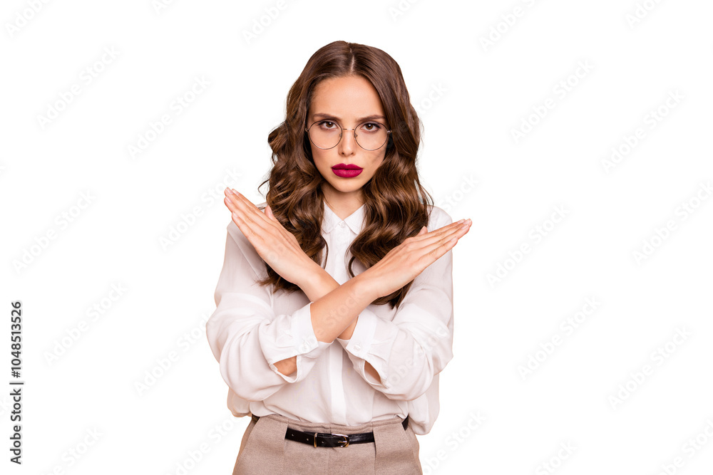Portrait of her she nice-looking attractive lovely glamorous gorgeous strict gloomy wavy-haired lady showing ban sign symbol denial isolated over beige pastel background Portrait of her she nice-looking attractive lovely glamorous gorgeous strict gloomy wavy-haired lady showing ban sign symbol denial isolated over beige pastel background