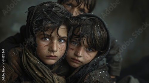 Image shows three somber children in dusty clothes, two twins partially covered, all with intense gazes. Their soiled appearance hints at a challenging environment.