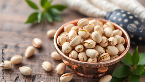 Pistachios briefly in copper bowl on wooden rustic background, wonderful pistachio composition for healthy and dietary nutrition. Pistachio concept. photo