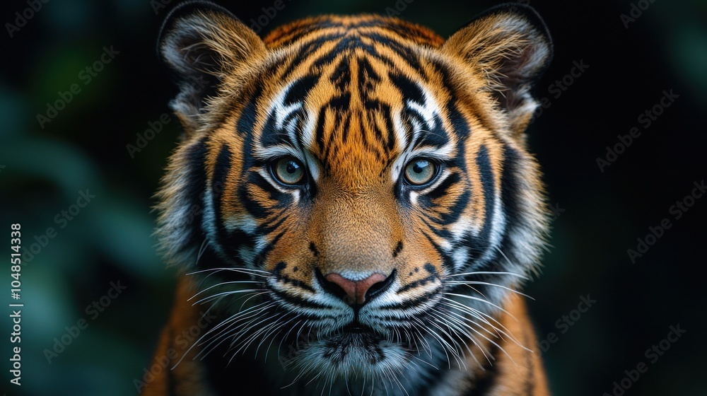 A close-up portrait of a tiger with piercing blue eyes and a soft expression staring directly at the camera. A close-up portrait of a tiger with piercing blue eyes and a soft expression staring directly at the camera.