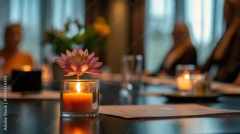 A single candle with a pink lotus flower sits on a table in a dimly lit room with people in the background, suggesting peace and tranquility. A single candle with a pink lotus flower sits on a table in a dimly lit room with people in the background, suggesting peace and tranquility.